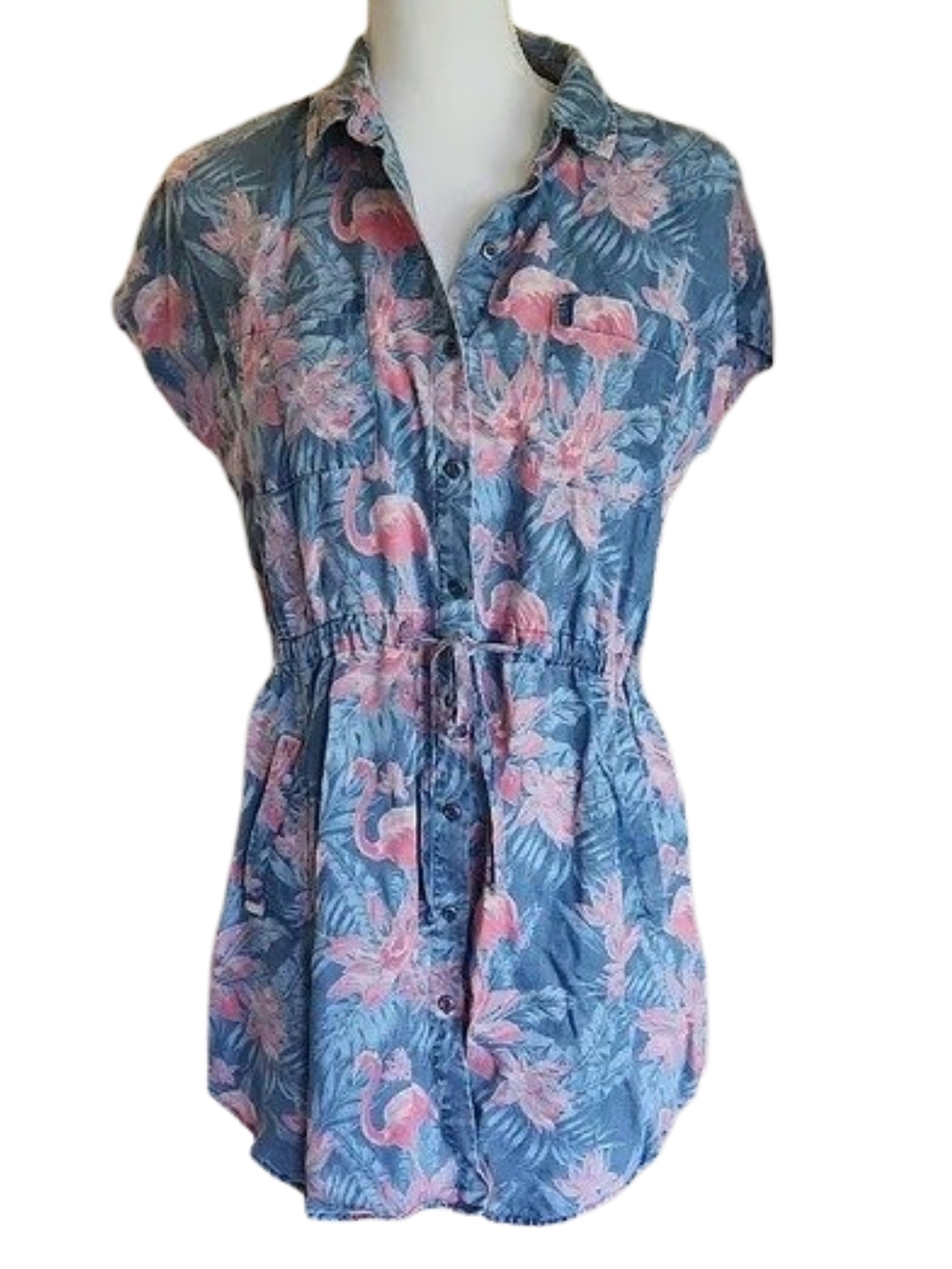 Billy T button-Front Blue & Pink Floral Flamingo Tunic Top